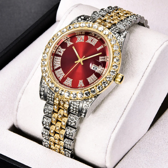 Men's full diamond quartz watch, gold-tone steel bracelet, starry sky calendar, foreign trade, trendy, new