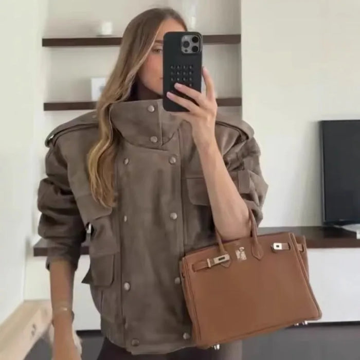 Blouse Veste Femme Col Montant - Double Boutonnage Ample Printemps Automne