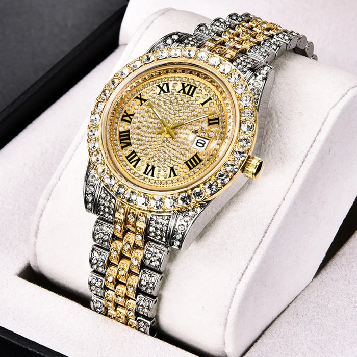 Men's full diamond quartz watch, gold-tone steel bracelet, starry sky calendar, foreign trade, trendy, new