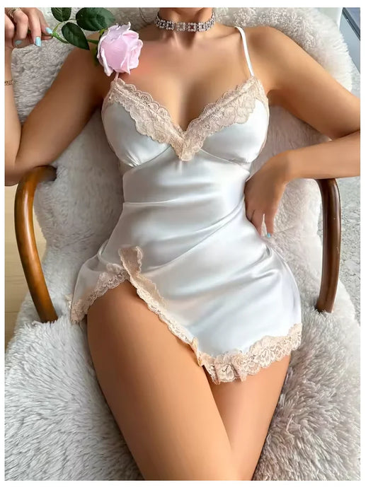 Chemise de Nuit Léopard en Dentelle - Col en V, Dos Nu, Fente Latérale