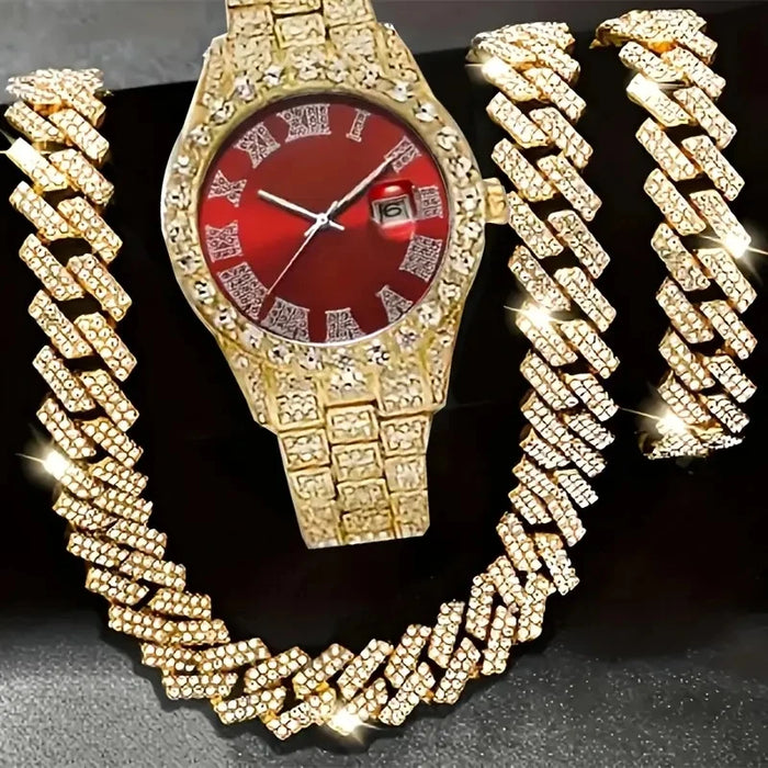 4 pièces/ensemble montre-bracelet scintillante pour hommes et ensemble de collier chaîne cubaine Hip Hop-accenté en strass, cadran rond, mouvement à Quartz électronique