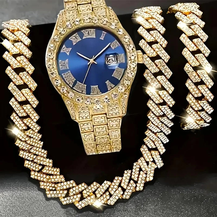 4 pièces/ensemble montre-bracelet scintillante pour hommes et ensemble de collier chaîne cubaine Hip Hop-accenté en strass, cadran rond, mouvement à Quartz électronique