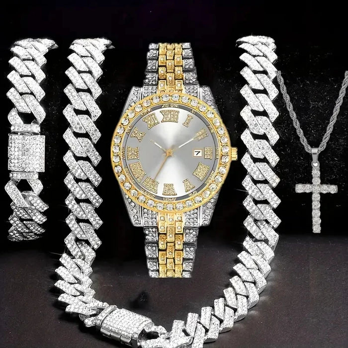 4 pièces/ensemble montre-bracelet scintillante pour hommes et ensemble de collier chaîne cubaine Hip Hop-accenté en strass, cadran rond, mouvement à Quartz électronique