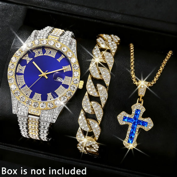 3 pièces de luxe plein diamant hommes montre Bracelet collier ensemble mode Hip Pop hommes calendrier montres à Quartz Reloj Mujer (sans boîte)