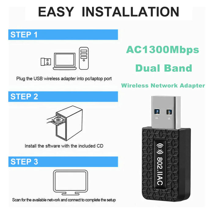 Adaptateur WiFi USB 3.0 1300Mbps Double Bande 5G/2.4G pour PC et Portable